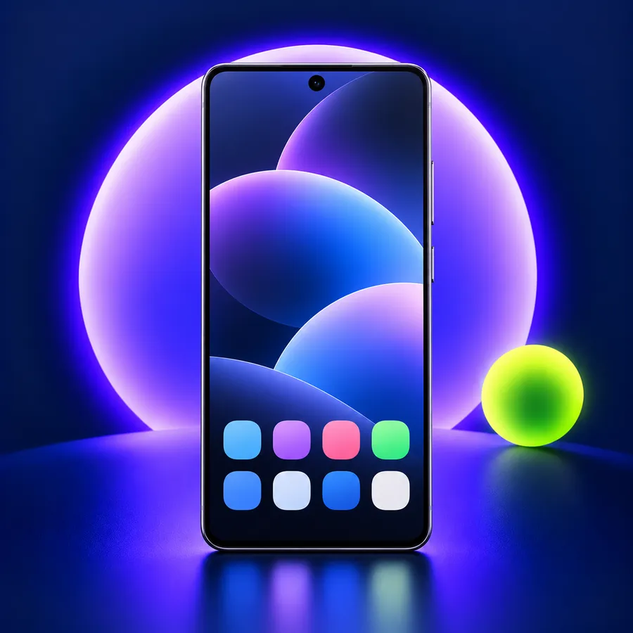 Illustration of a phone in front of a glowing circle on a navy background