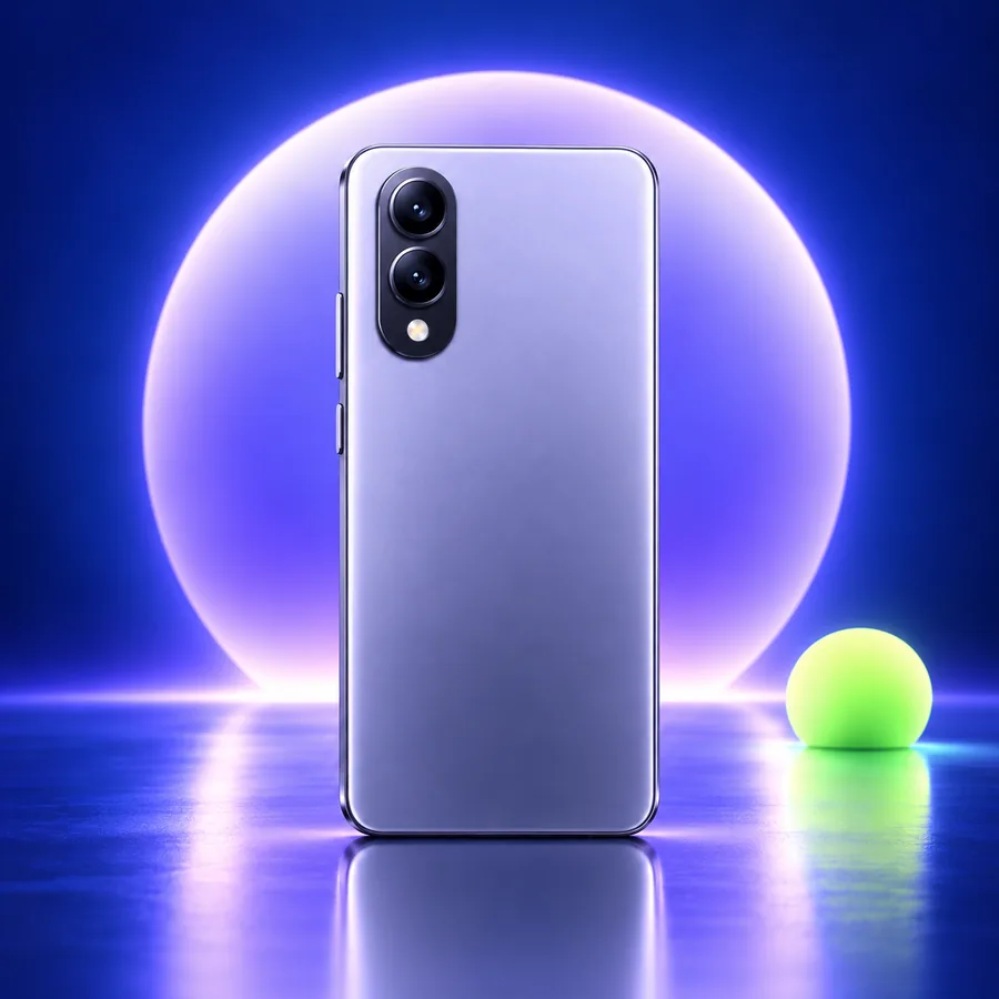 Illustration of the back of a phone with two rear cameras in front of a glowing sphere on a blue background