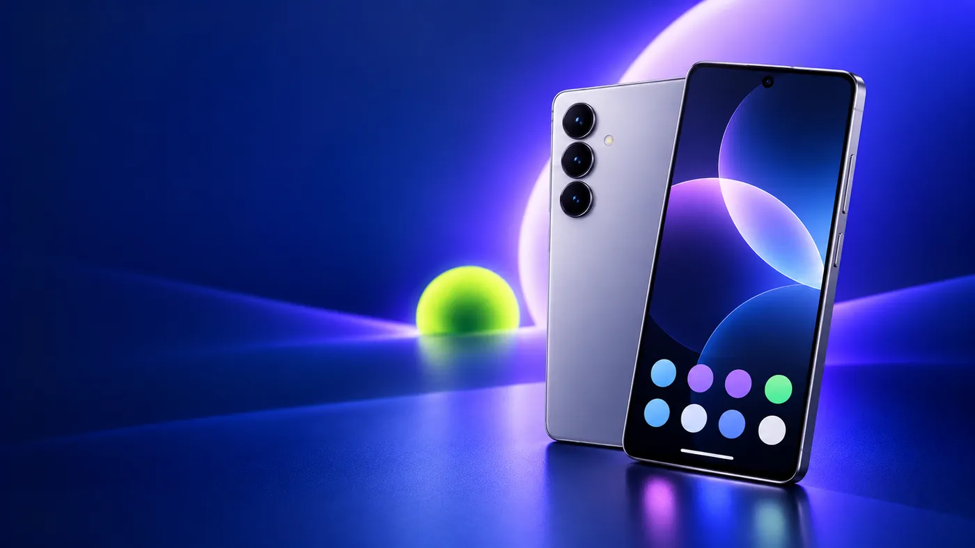 Illustration of a phone shown from the front and back, with three rear cameras, on a navy background