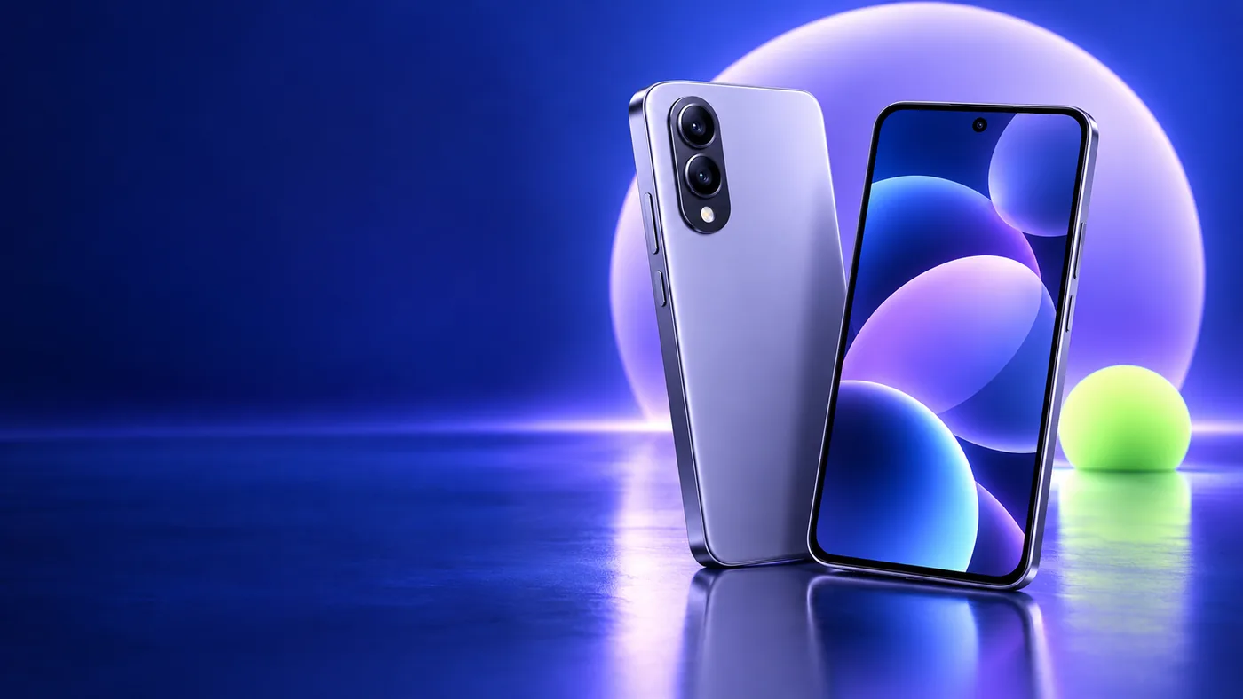 Illustration of a phone shown from the front and back, with two rear cameras, in front of a glowing sphere on a blue background