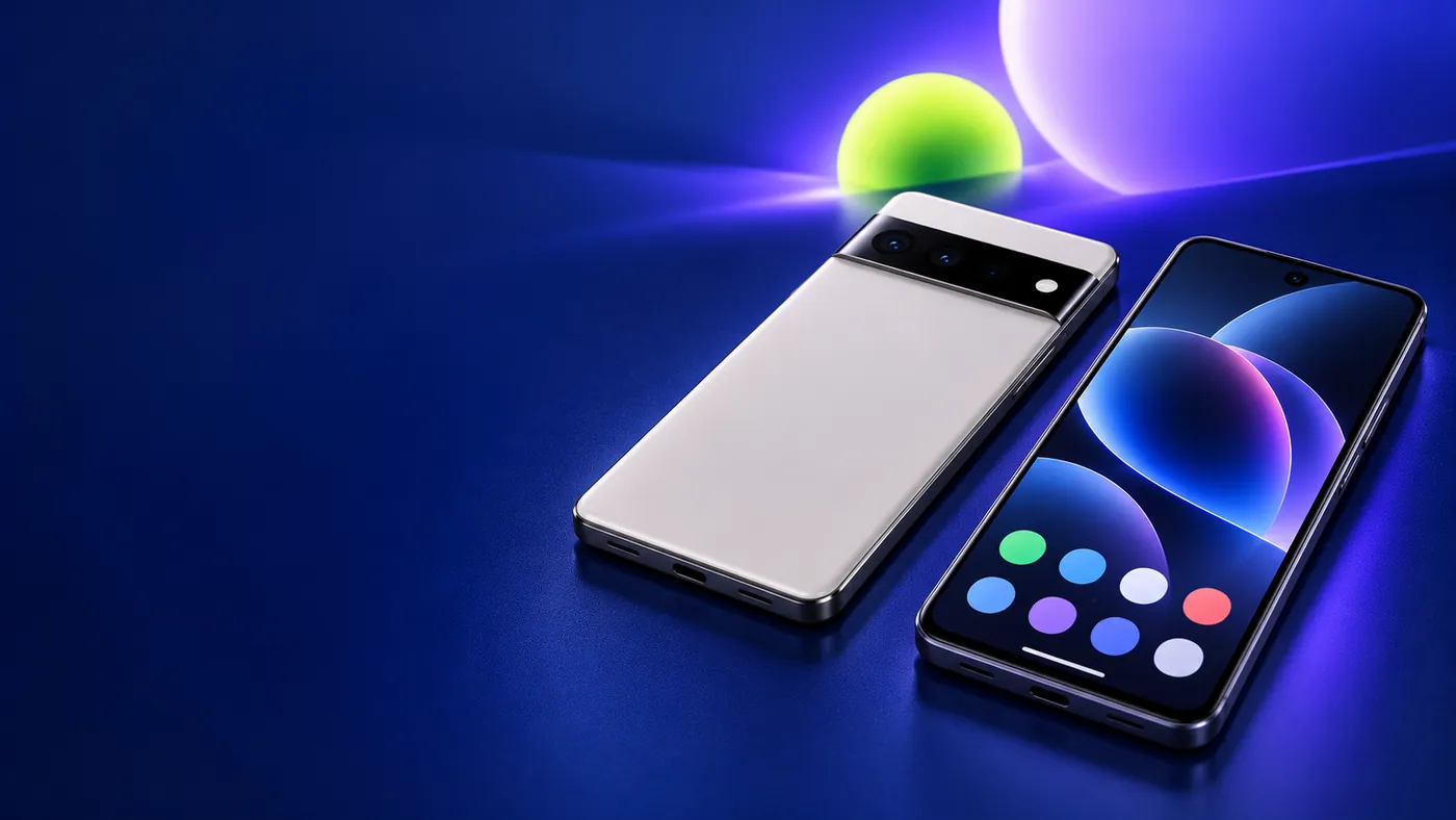 Illustration of a phone shown from the front and back on a navy background