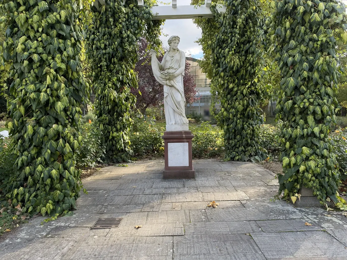 Statue under ivy, photographed with the iPhone 18 Pro