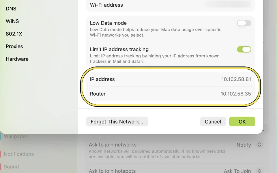 Screenshot from the guide: How to find your IP address on a Mac (macOS 27)