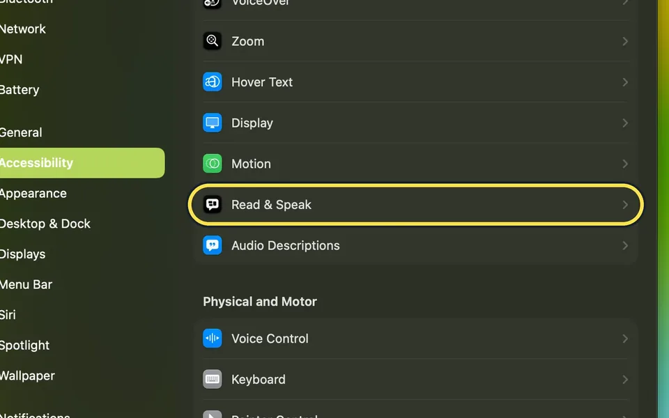 Screenshot from the guide: How to make a Mac read selected text aloud