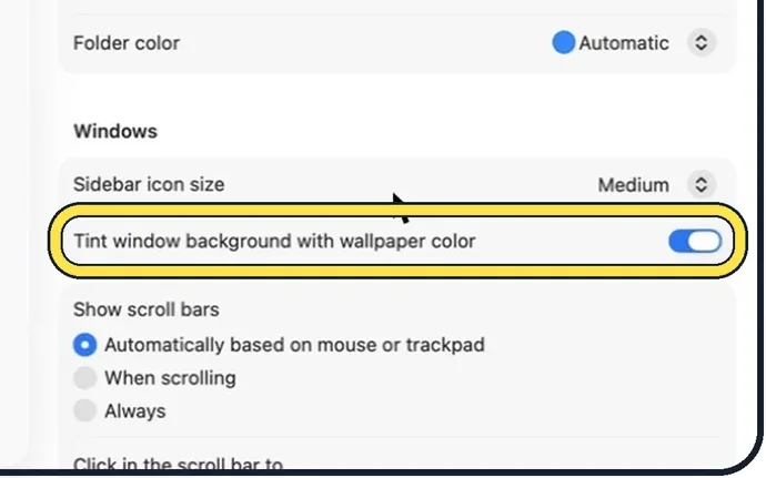 Screenshot from the guide: How to stop the wallpaper tinting windows on a Mac