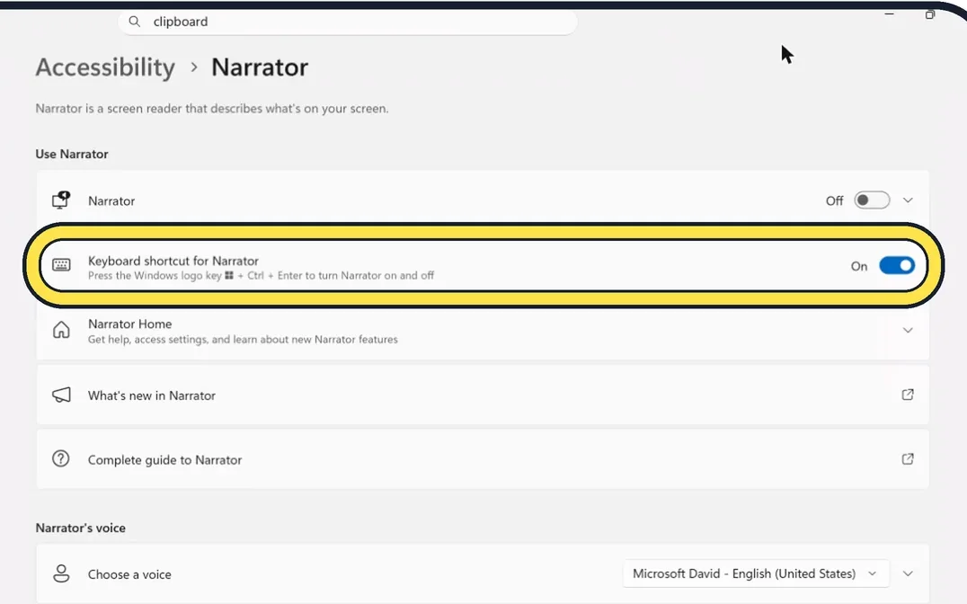Screenshot from the guide: How to turn off Narrator on Windows 11