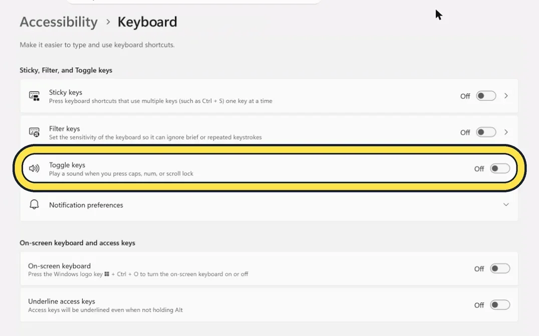 Screenshot from the guide: How to turn off Sticky Keys on Windows 11