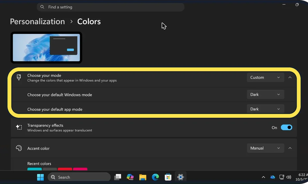 Screenshot from the guide: How to turn on dark mode on Windows 11