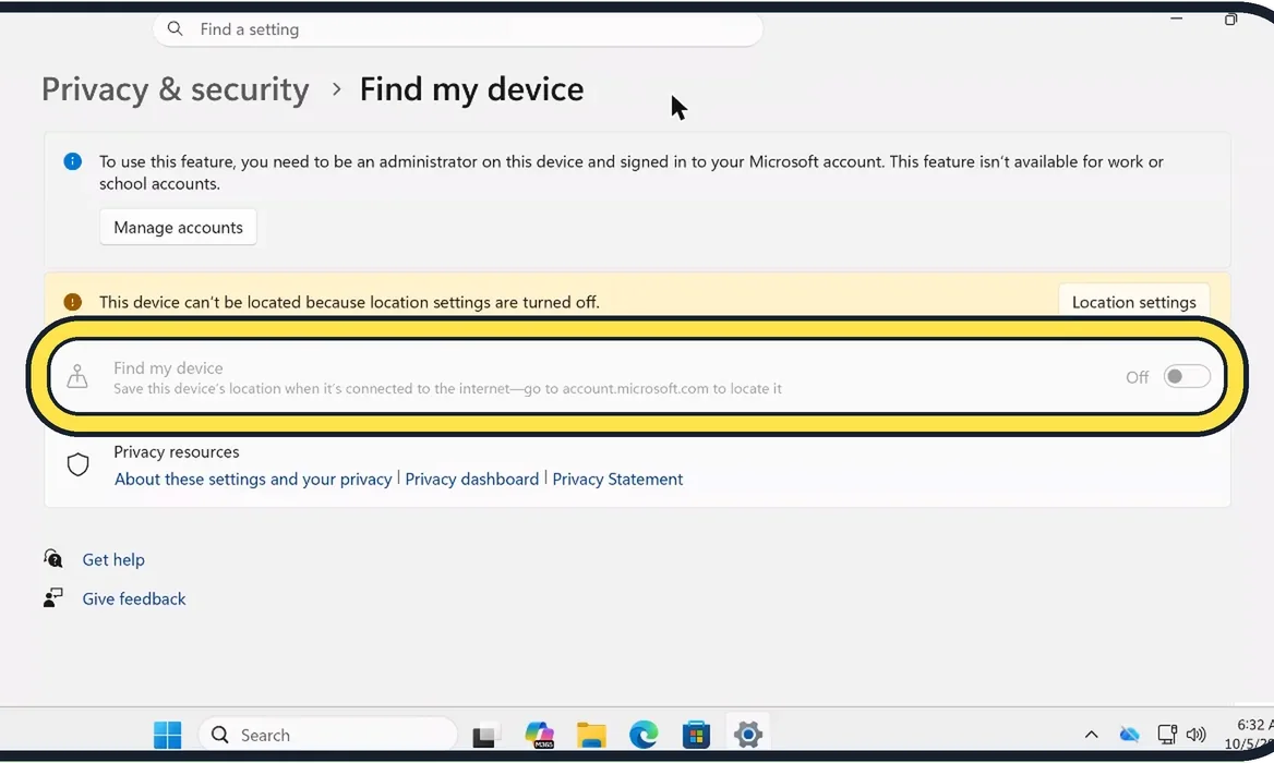 Screenshot from the guide: How to turn on Find my device on Windows 11
