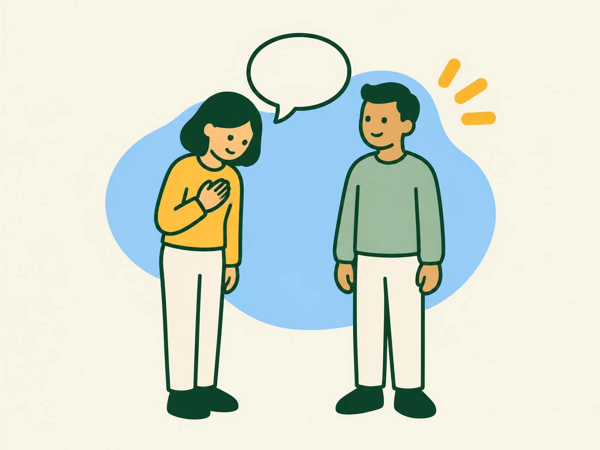 Illustration of a woman with her hand on her chest and head slightly lowered, speaking to a friend
