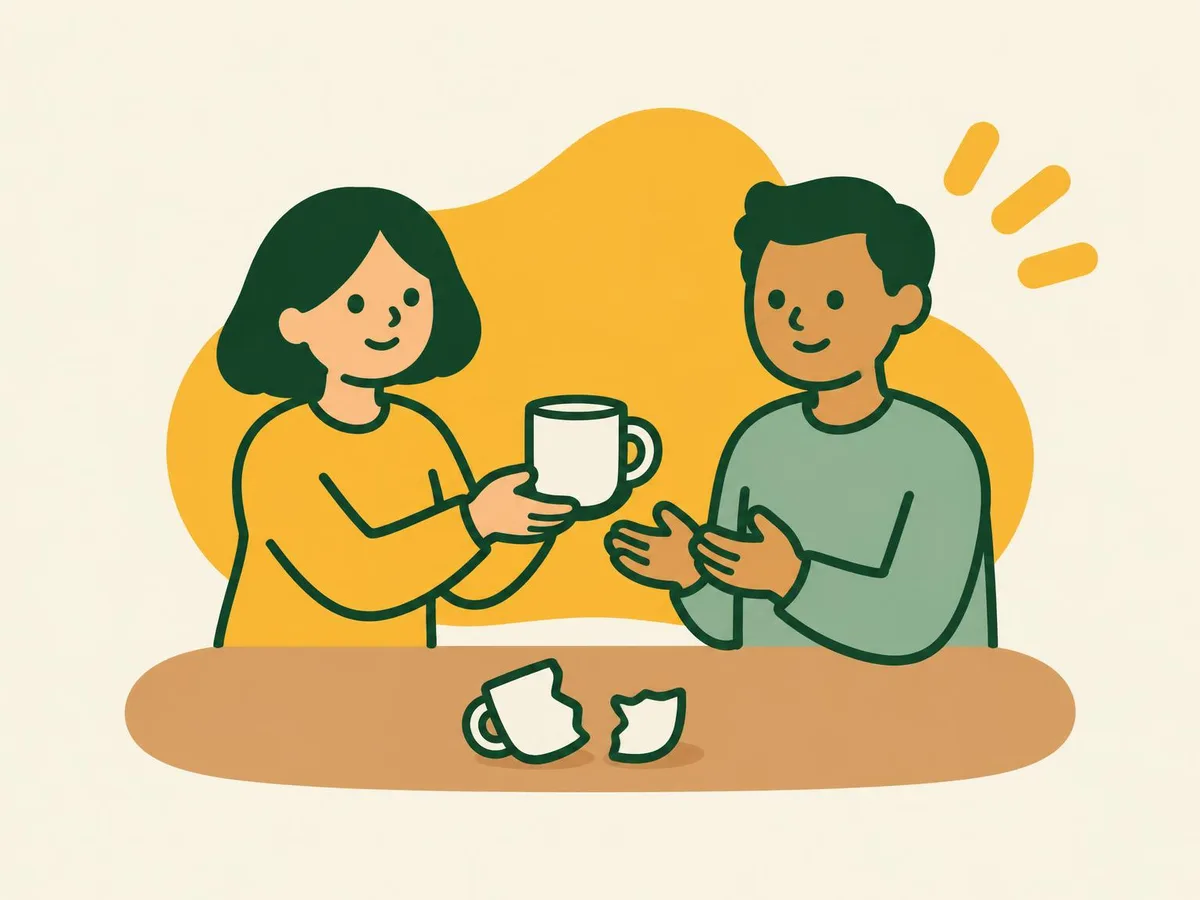 Illustration of a woman handing her friend a new mug, with a broken mug on the table between them