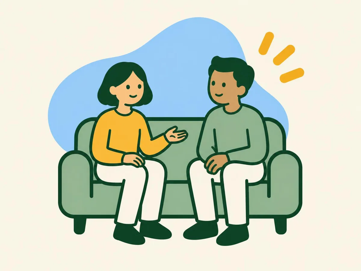Illustration of a woman explaining calmly to a friend while they sit side by side on a sofa