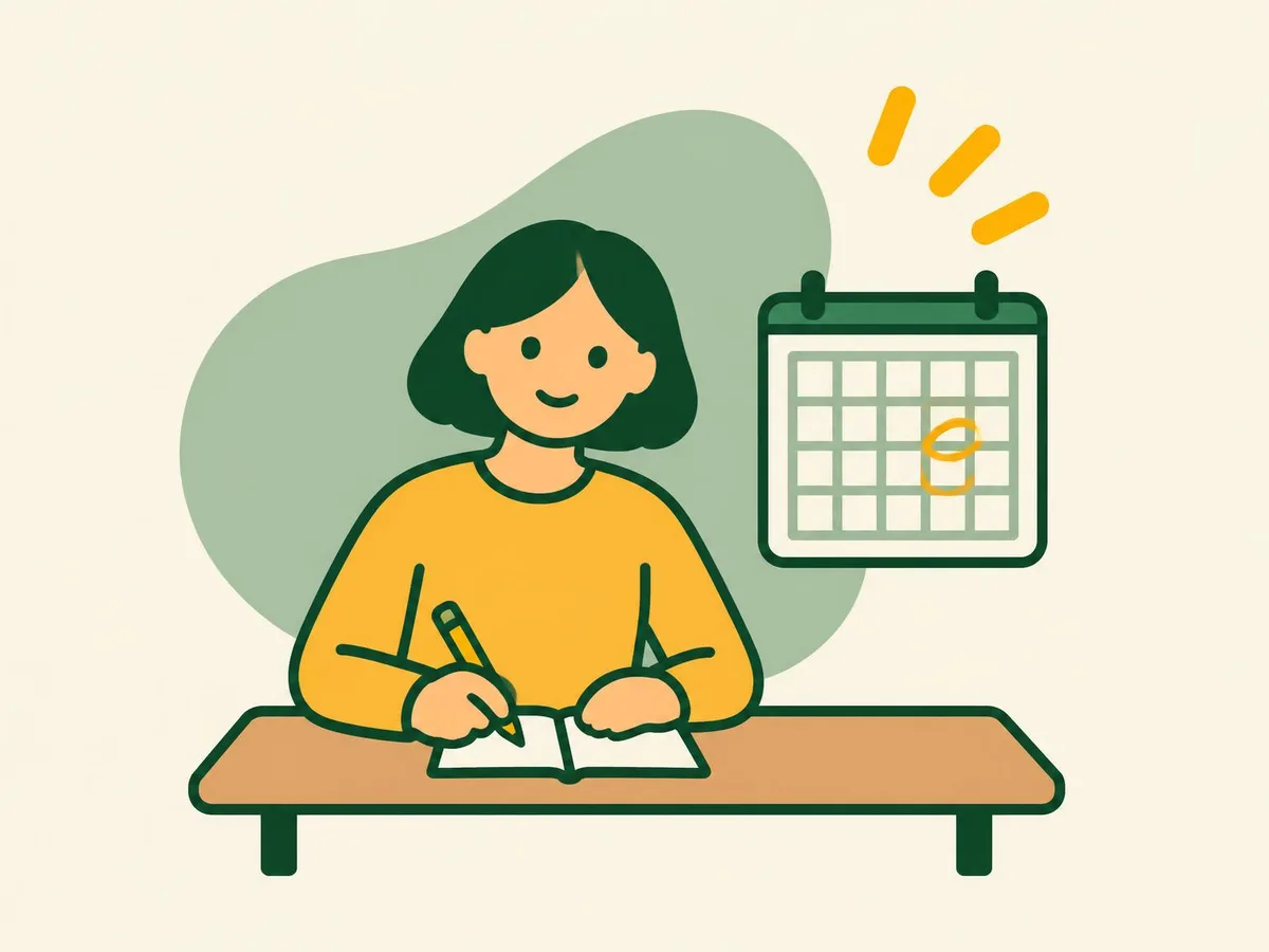 Illustration of a woman writing in a notebook at a desk next to a calendar with one day circled