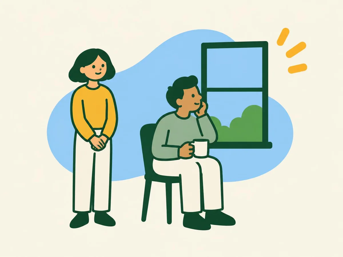 Illustration of a friend sitting by a window with a mug while the woman waits patiently a little way off