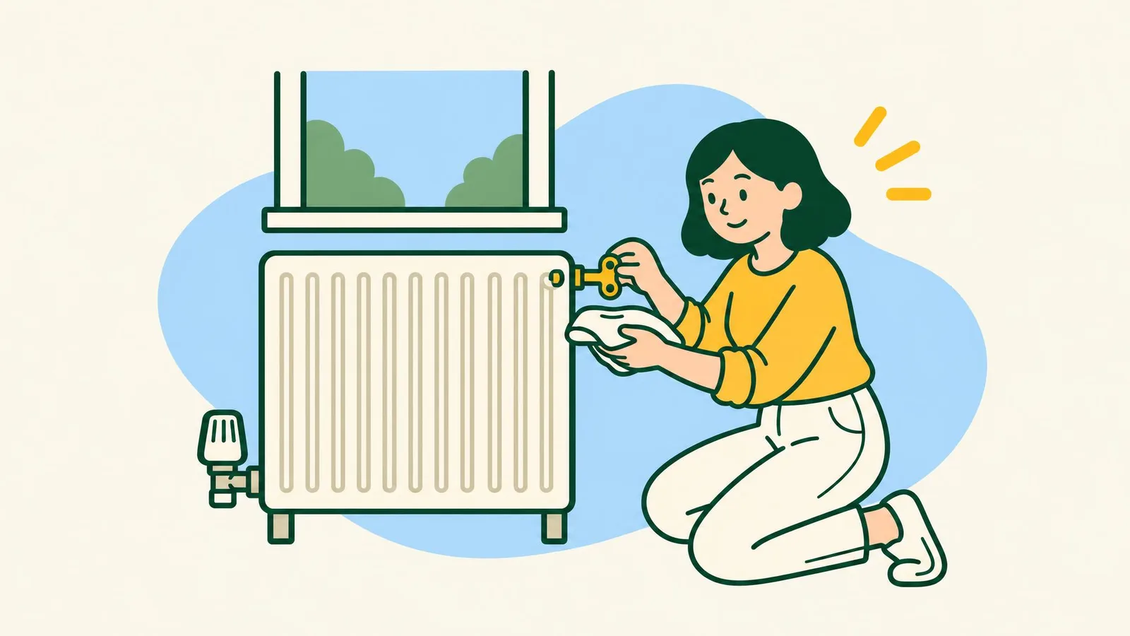 Illustration of a woman kneeling beside a radiator under a window, holding a radiator key in the bleed valve with a cloth underneath