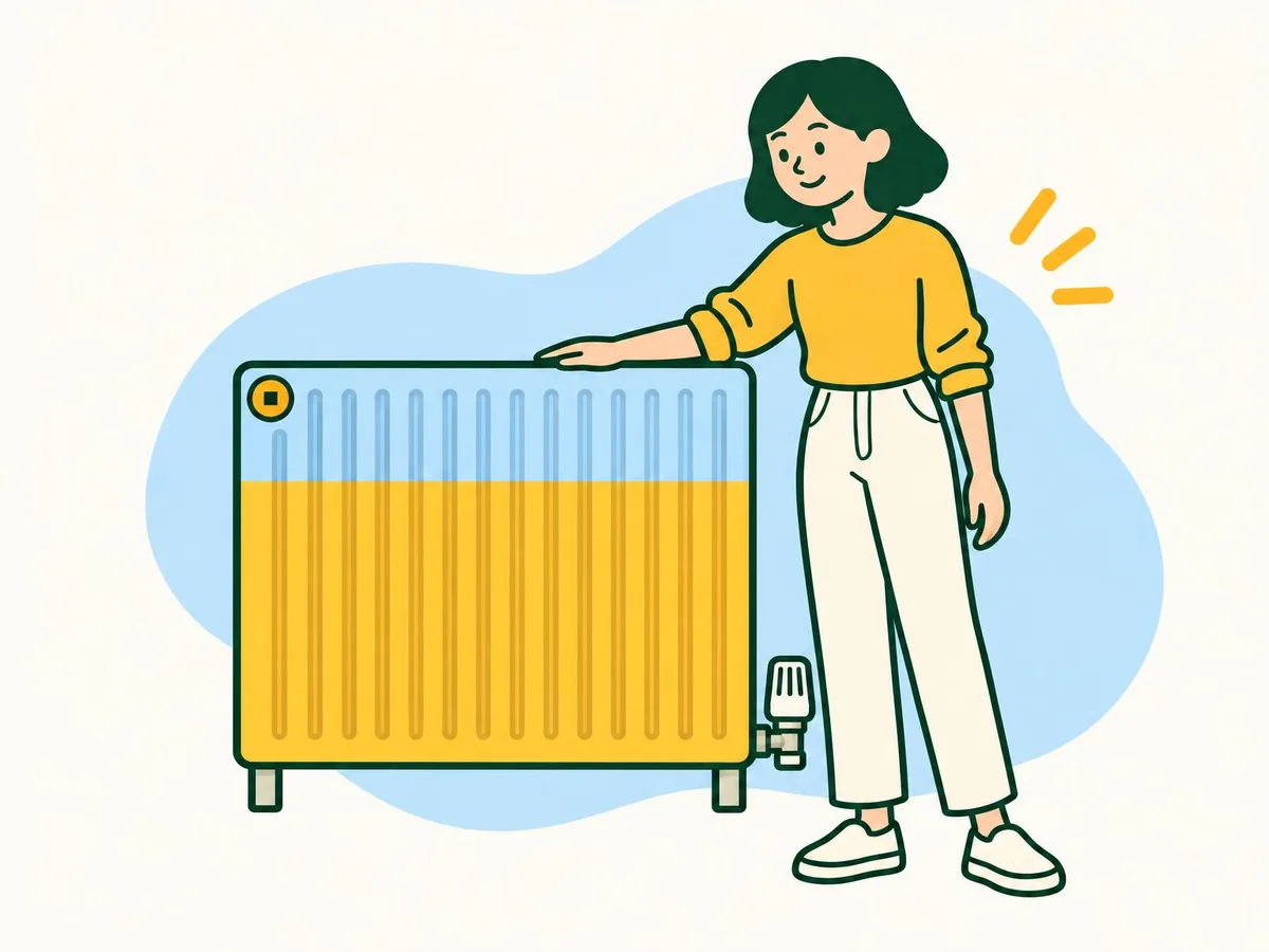Illustration of a woman resting her hand on a radiator that is cold (blue) at the top and warm (yellow) below
