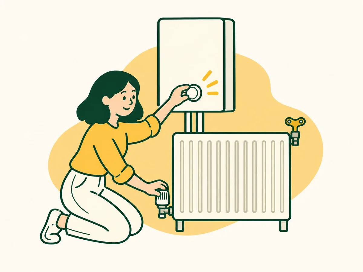 Illustration of a woman turning a knob on a wall boiler with one hand and the radiator thermostat valve with the other