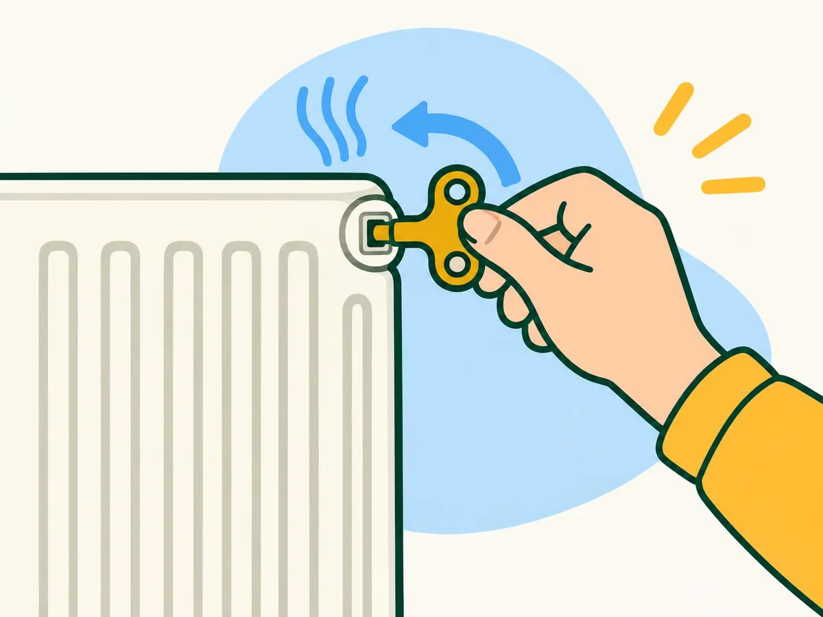 Illustration of a hand turning a radiator key anticlockwise in the bleed valve at the top corner, with air hissing out