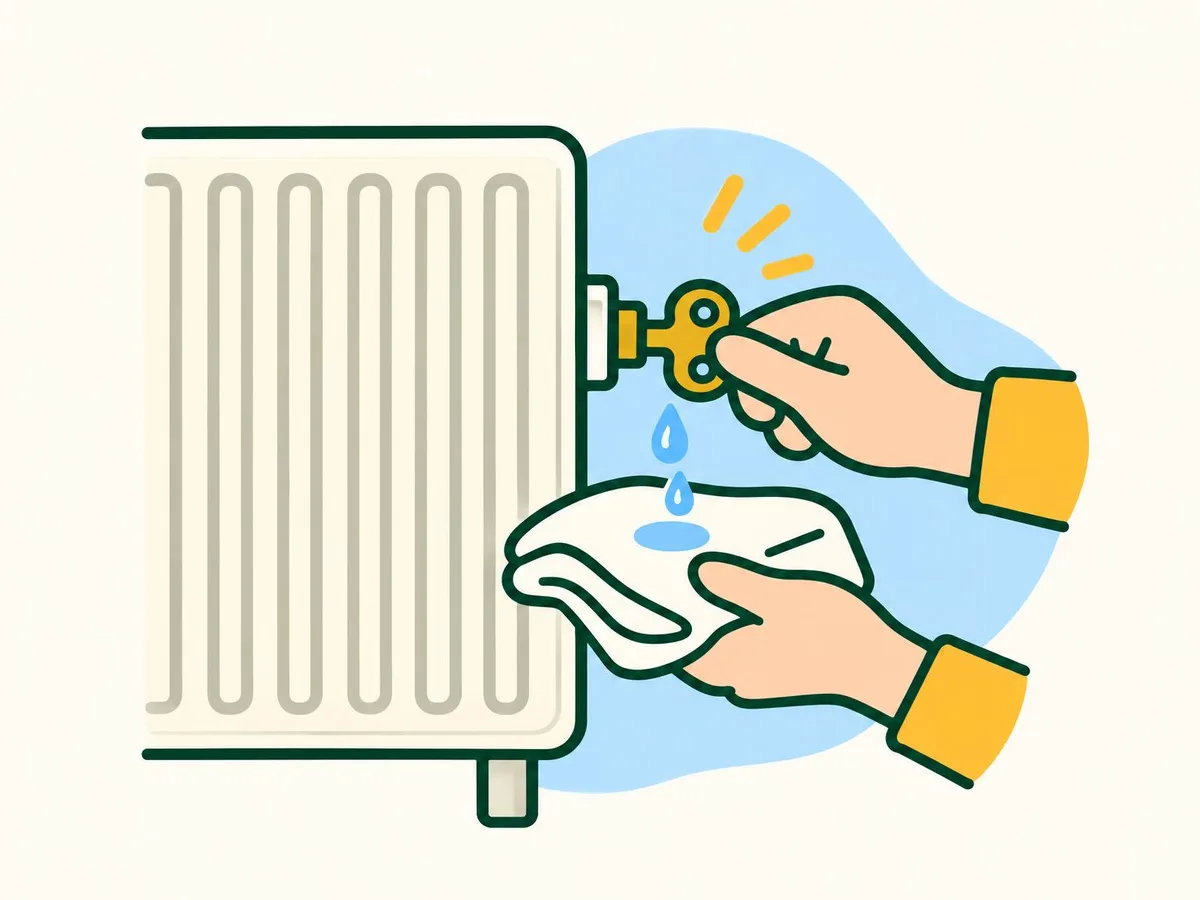 Illustration of a cloth held under the bleed valve catching drops of water