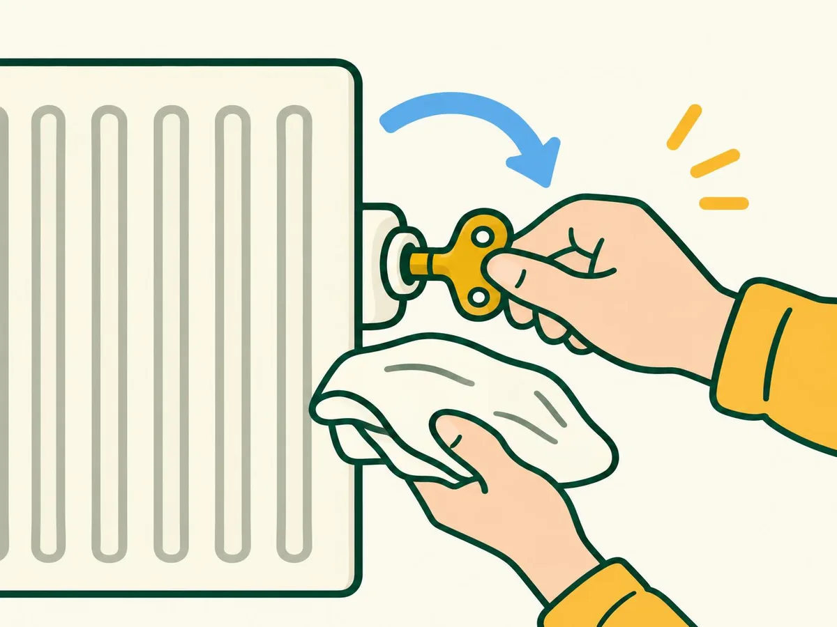 Illustration of a hand turning the radiator key clockwise to close the bleed valve, with a cloth underneath