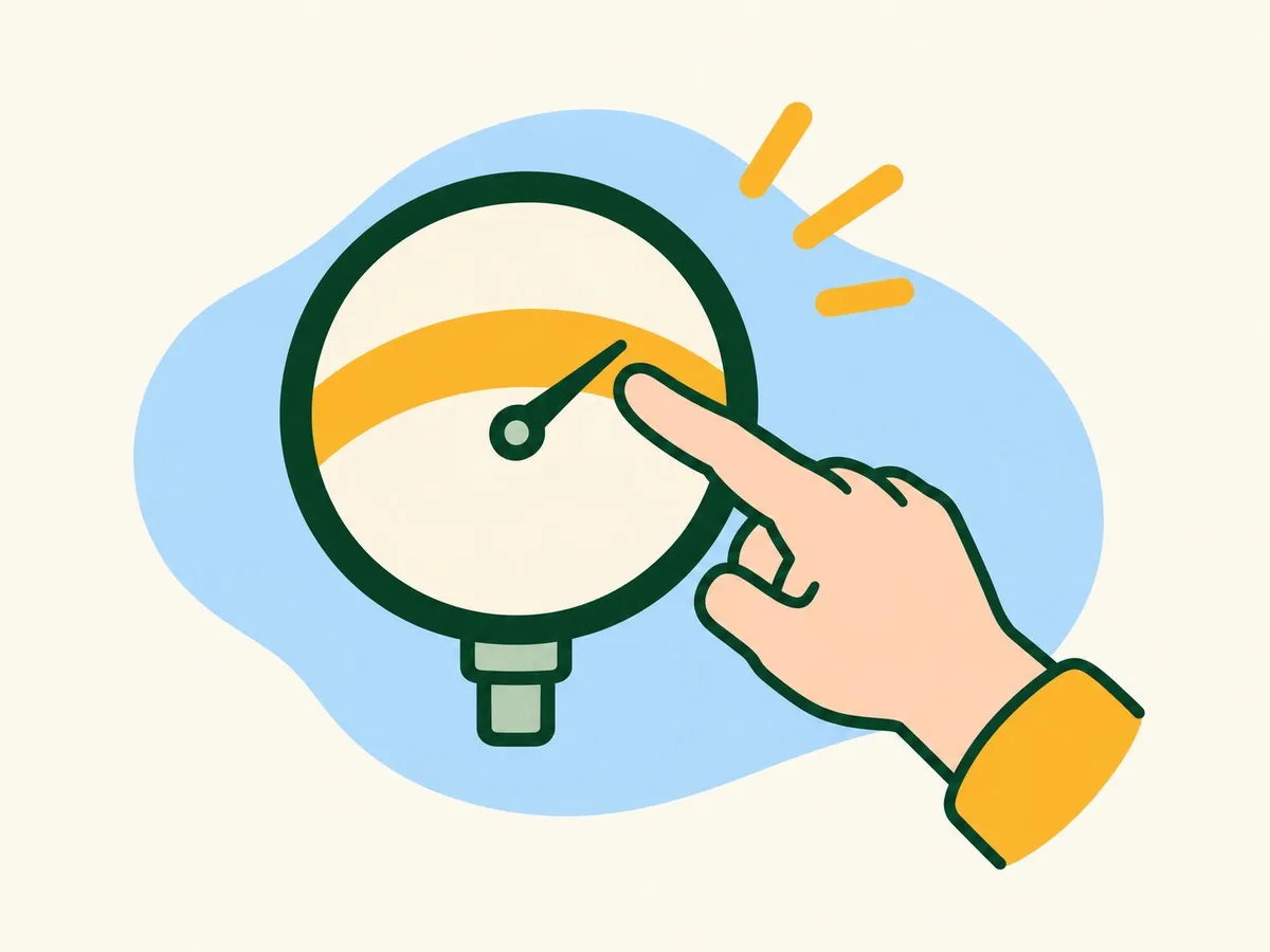 Illustration of a finger pointing at a round boiler pressure gauge with the needle inside the marked band