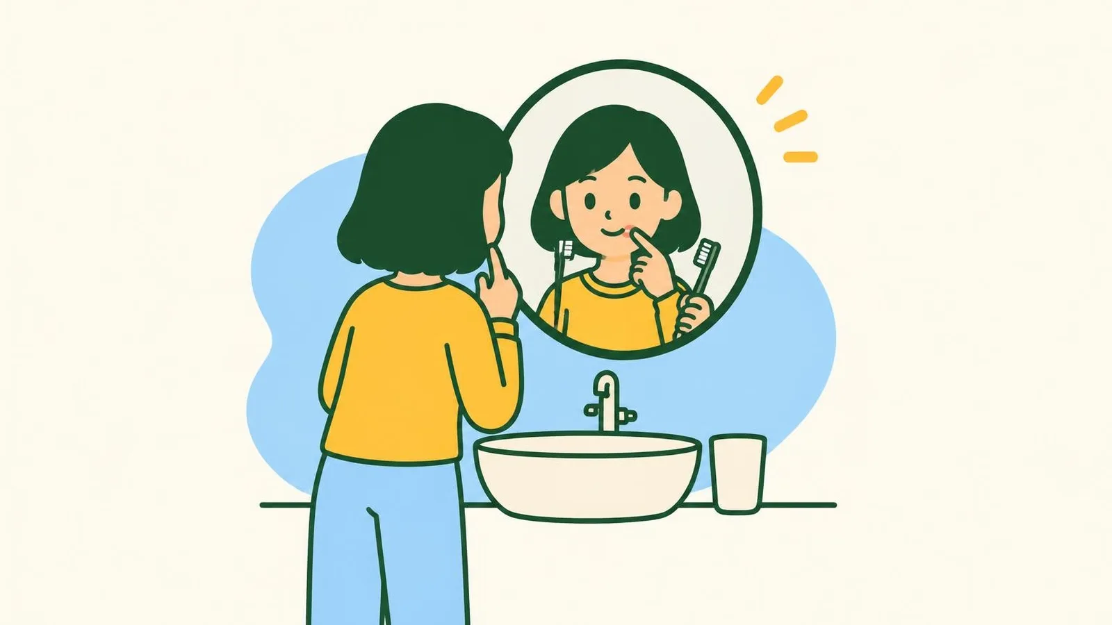 Illustration of a woman at a bathroom basin gently lifting her lip to look at her gums in a round mirror, holding a soft toothbrush