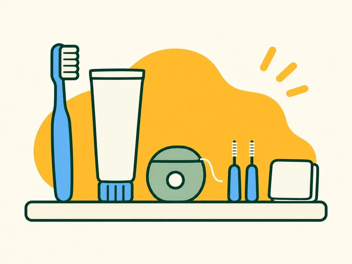Illustration of a soft toothbrush, a tube of toothpaste, a reel of floss, two small interdental brushes and a folded square of gauze