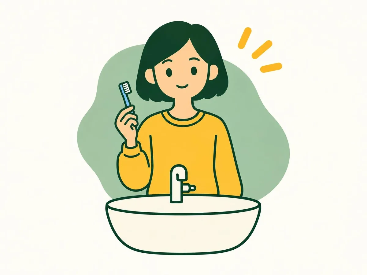 Illustration of a woman calmly holding a soft toothbrush lightly between her fingertips at the basin
