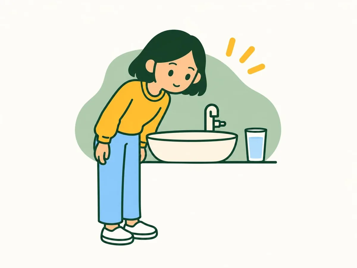 Illustration of a woman leaning over a basin to spit, with a glass of water left untouched beside the tap