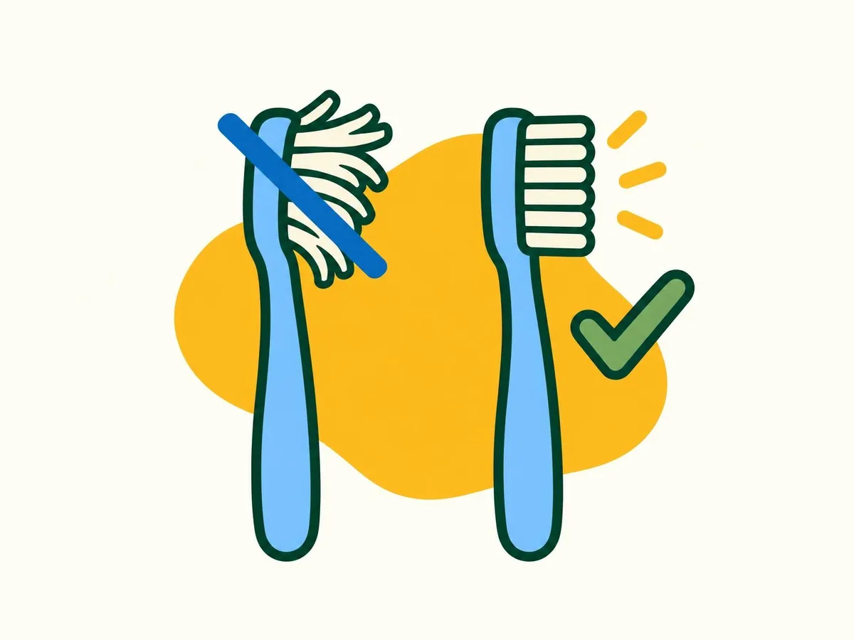Illustration of an old toothbrush with splayed bristles crossed out in deeper blue next to a soft new toothbrush with a green tick