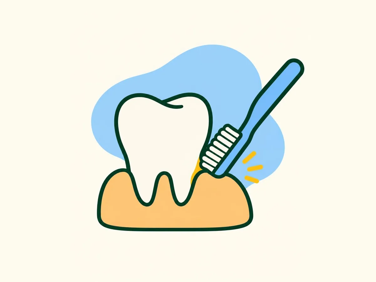 Illustration of a close-up of a toothbrush angled at the line where one tooth meets the gum, with a small marigold patch on the gum
