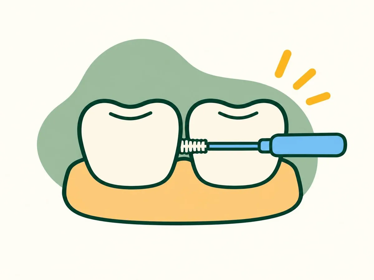 Illustration of a small interdental brush passing through the gap between two back teeth