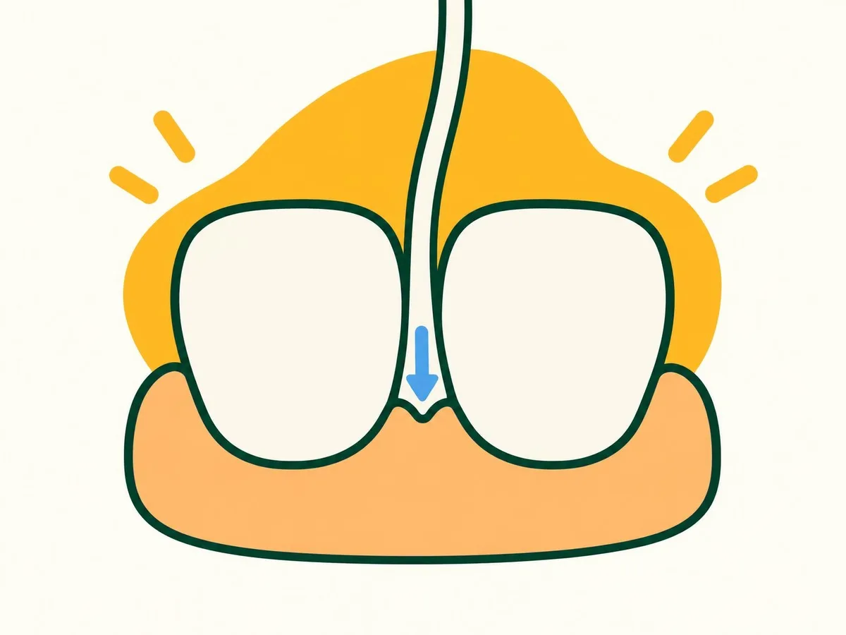 Illustration of floss easing down between two front teeth with a small gentle arrow, stopping at the gum