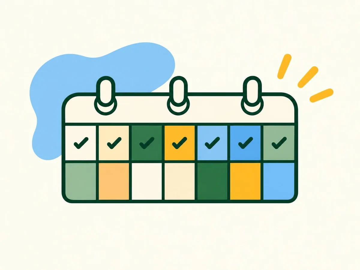 Illustration of a simple wall calendar with two rows of squares, the first row ticked off in green