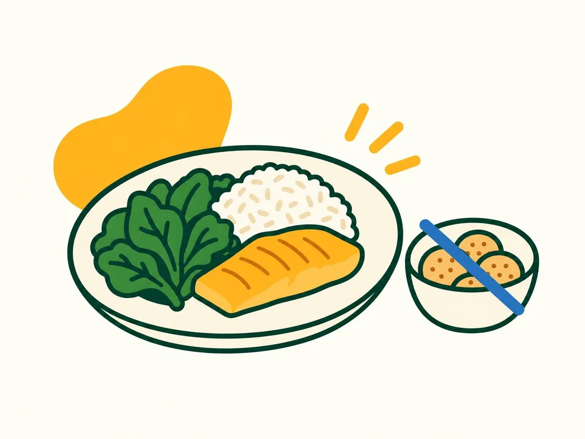 Illustration of a plate with a simple balanced meal next to a small bowl of biscuits crossed out