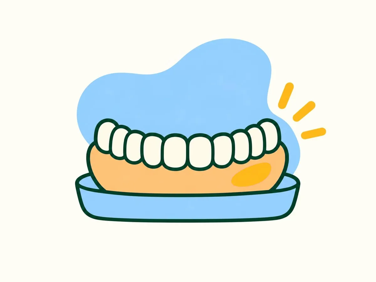 Illustration of a simple cream denture resting on a small tray, with a small marigold patch where it would rub the gum