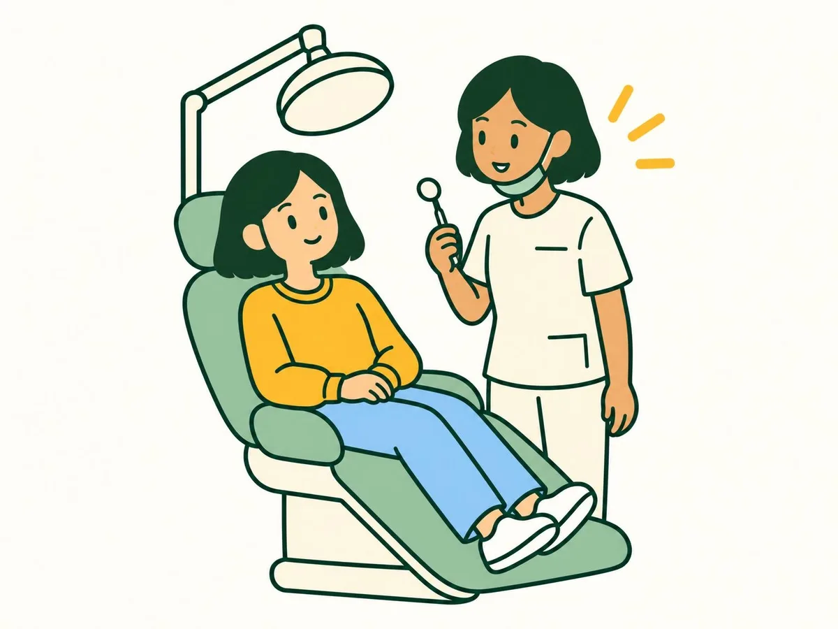 Illustration of a woman sitting calmly in a dentist's chair under a round lamp