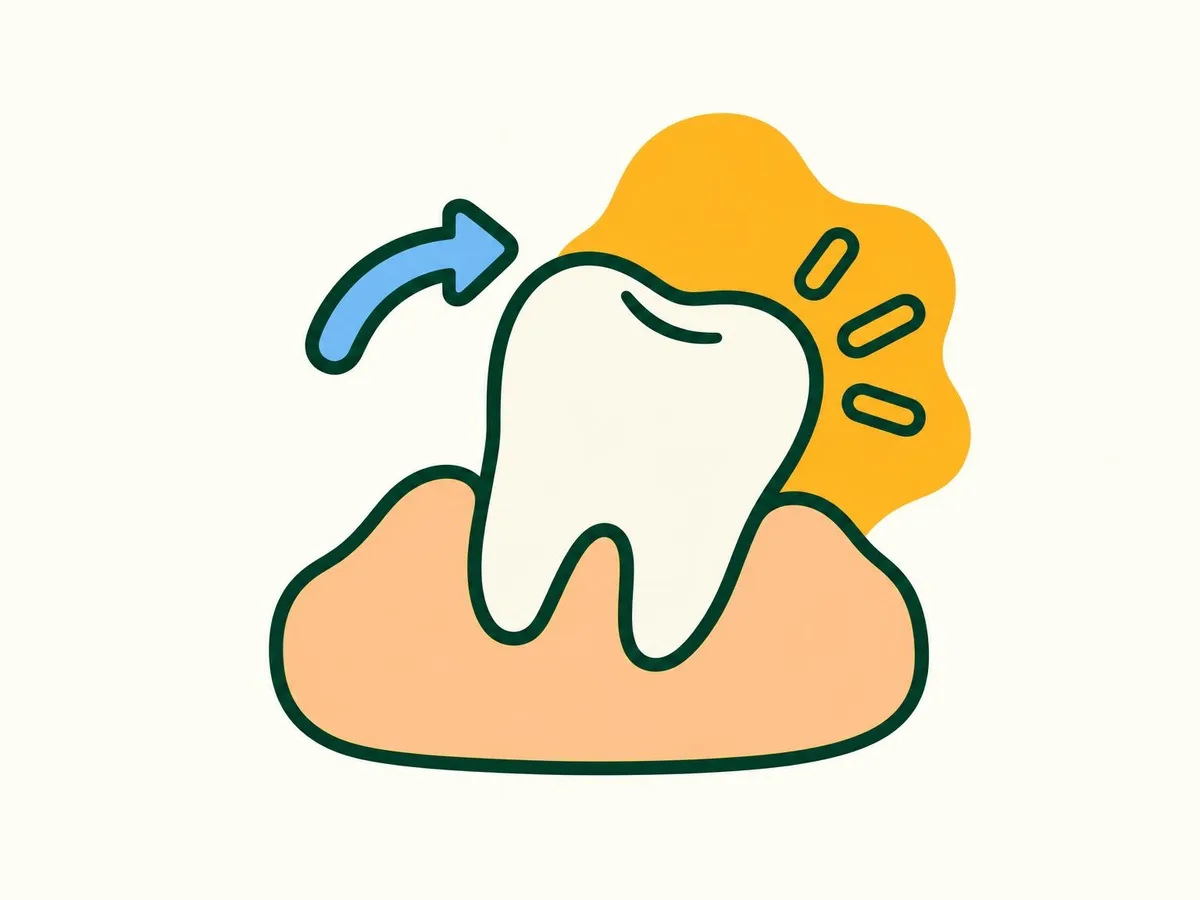 Illustration of a close-up of a tooth tilted slightly in swollen peach gums, with a small curved deeper-blue arrow showing it moving