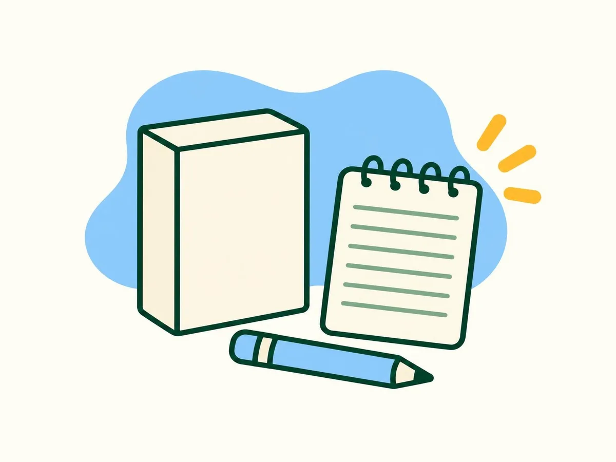 Illustration of a plain cream medicine box with no writing next to a notepad with blank lines