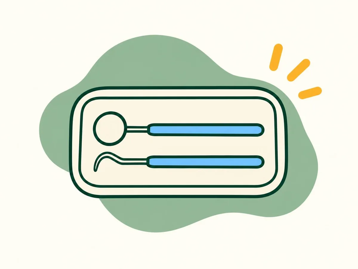 Illustration of a dental hygienist's mirror and scaler laid neatly on a small cream tray