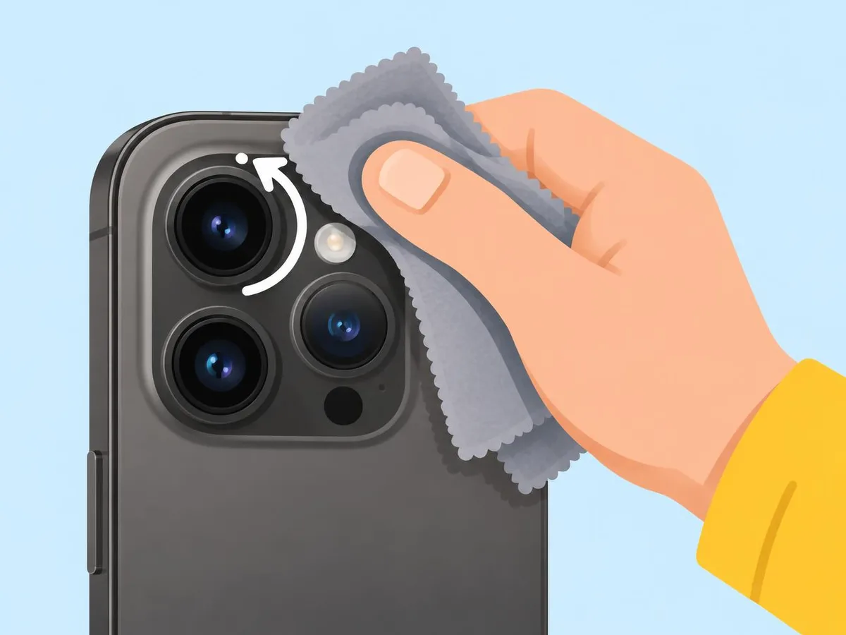 Illustration of a microfiber cloth wiping the three rear lenses of an iPhone 14 Pro in small circles