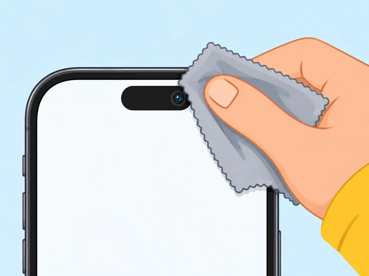Illustration of a microfiber cloth wiping the front camera at the top of an iPhone screen
