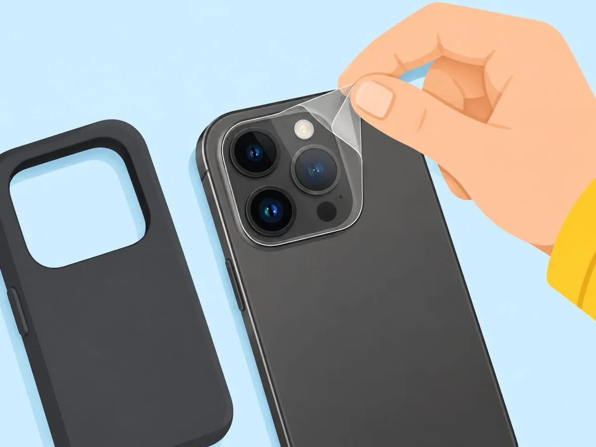Illustration of fingers peeling a clear lens protector off an iPhone camera, with the case taken off beside the phone