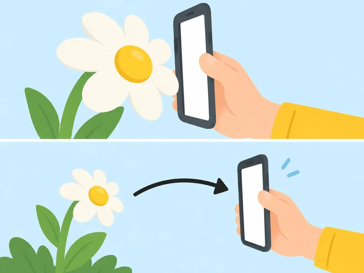 Illustration of a phone held right up against a flower, then held further back from it