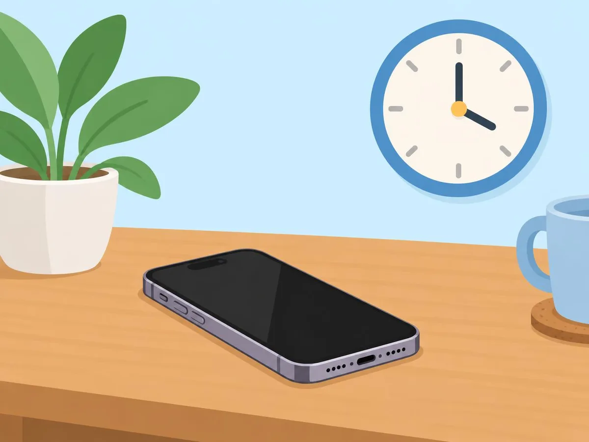 Illustration of a phone lying dry on a table indoors with a wall clock behind it, left to warm up to room temperature