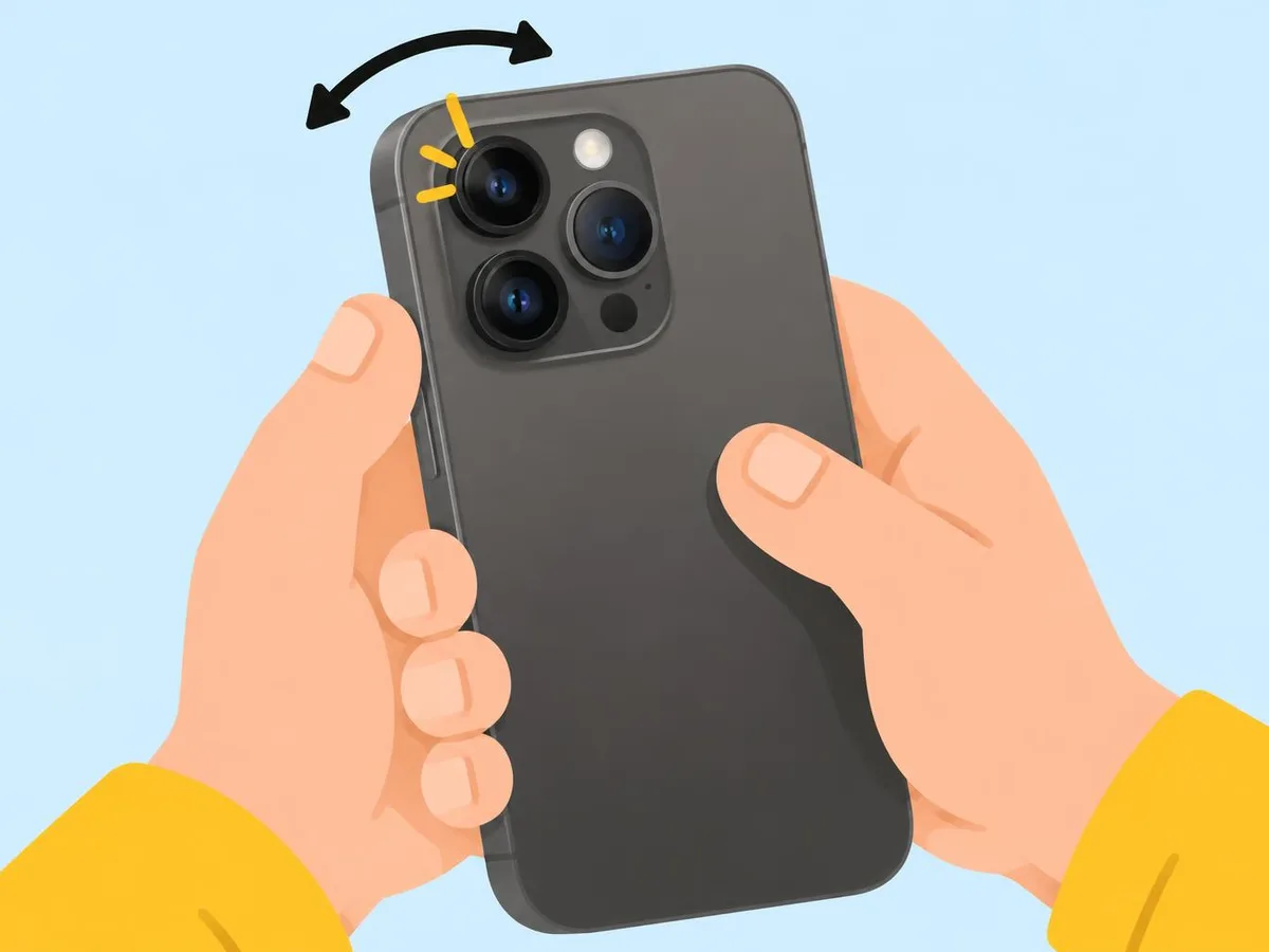 Illustration of hands holding an iPhone 14 Pro with one of its three rear lenses highlighted