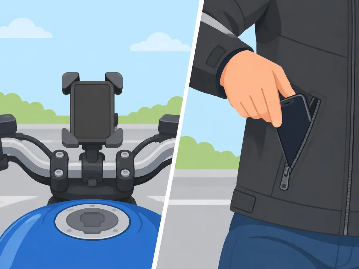 Illustration of an empty phone mount on motorcycle handlebars, and the rider's phone in a zipped jacket pocket instead