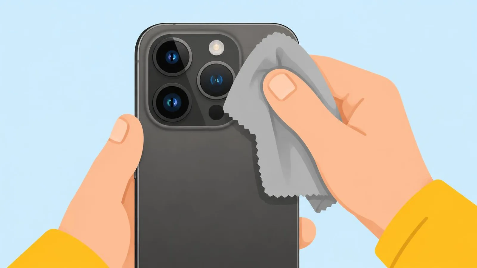 Illustration of hands wiping the rear cameras of an iPhone with a grey microfiber cloth