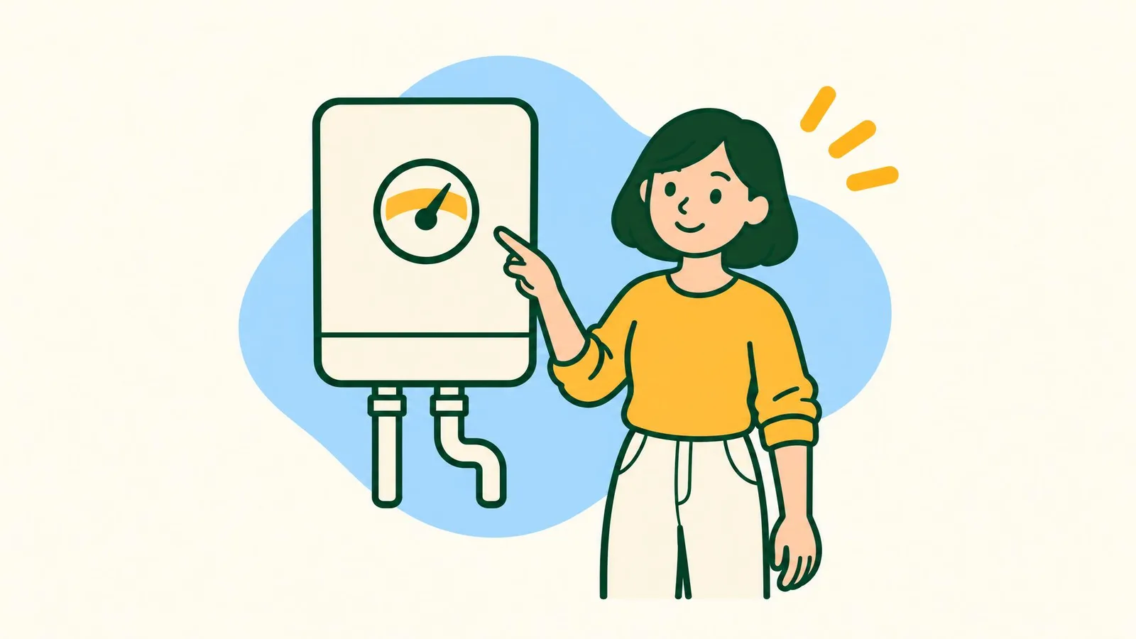 Illustration of a woman pointing at the round pressure gauge on a wall-mounted boiler