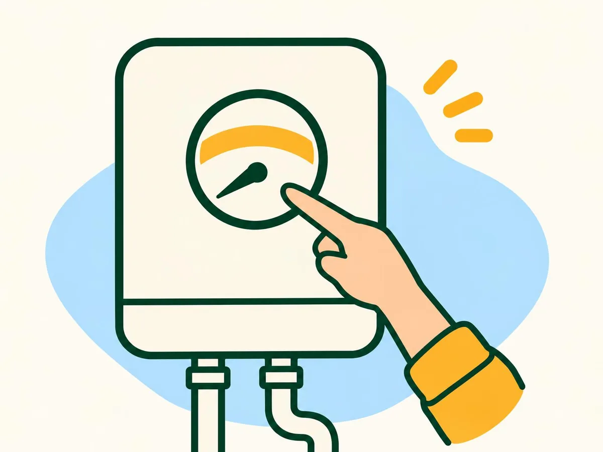 Illustration of a finger pointing at a boiler pressure gauge with the needle below the marked band